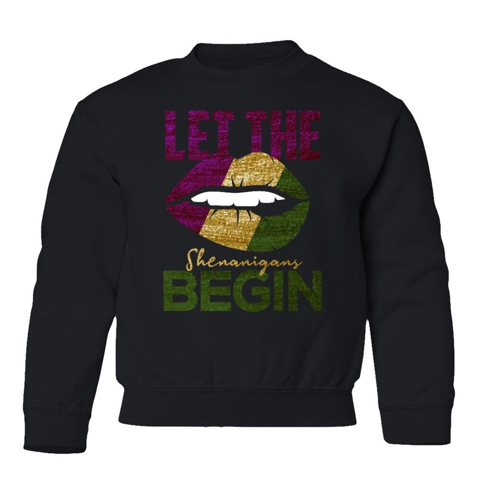 superhotapparel Mardi Gras Shenanigans Carnival Lips Street Festival Youth Crewneck Sweatshirt (Black, Youth Small)