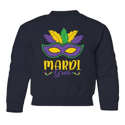 superhotapparel Mardi Gras Mask Carnival Colors Beads Street Festival Youth Crewneck Sweatshirt (Navy, Youth X-Large)