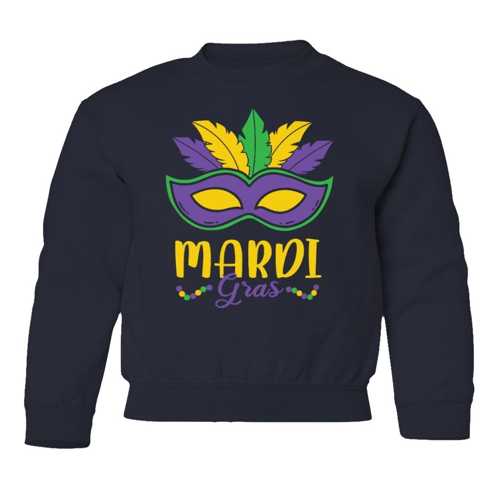 superhotapparel Mardi Gras Mask Carnival Colors Beads Street Festival Youth Crewneck Sweatshirt (Navy, Youth X-Large)