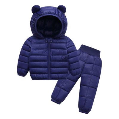 Alvivi 2Pcs Baby Snowsuit Hooded Bear Ears Coat Winter Down Jacket and Elastic Waist Puffer Ski Pants Set Navy Blue 3-4 Years