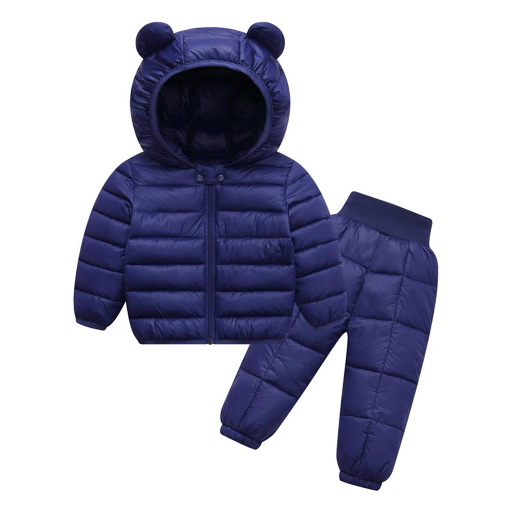 Alvivi 2Pcs Baby Snowsuit Hooded Bear Ears Coat Winter Down Jacket and Elastic Waist Puffer Ski Pants Set Navy Blue 3-4 Years