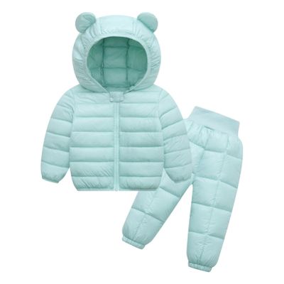 Alvivi 2Pcs Baby Snowsuit Hooded Bear Ears Coat Winter Down Jacket and Elastic Waist Puffer Ski Pants Set Mint Green 18-24 Months