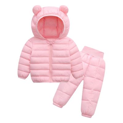 Alvivi 2Pcs Baby Snowsuit Hooded Bear Ears Coat Winter Down Jacket and Elastic Waist Puffer Ski Pants Set Pink 3-4 Years