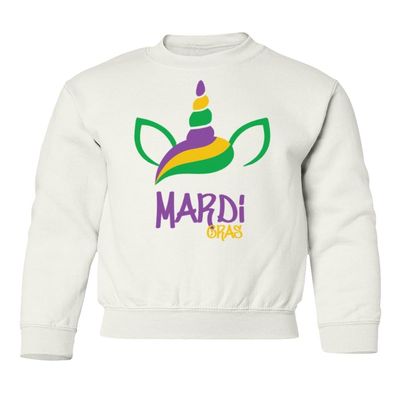 superhotapparel Unicorn Mardi Gras Carnival Cute Street Festival Youth Crewneck Sweatshirt (White, Youth Medium)