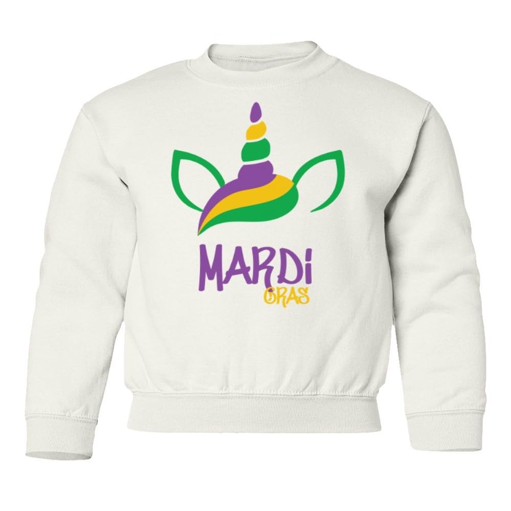 superhotapparel Unicorn Mardi Gras Carnival Cute Street Festival Youth Crewneck Sweatshirt (White, Youth Medium)