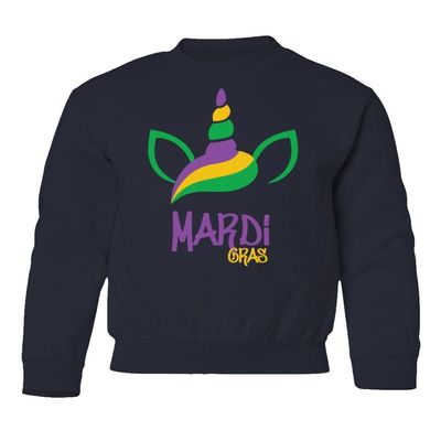 superhotapparel Unicorn Mardi Gras Carnival Cute Street Festival Youth Crewneck Sweatshirt (Navy, Youth Medium)