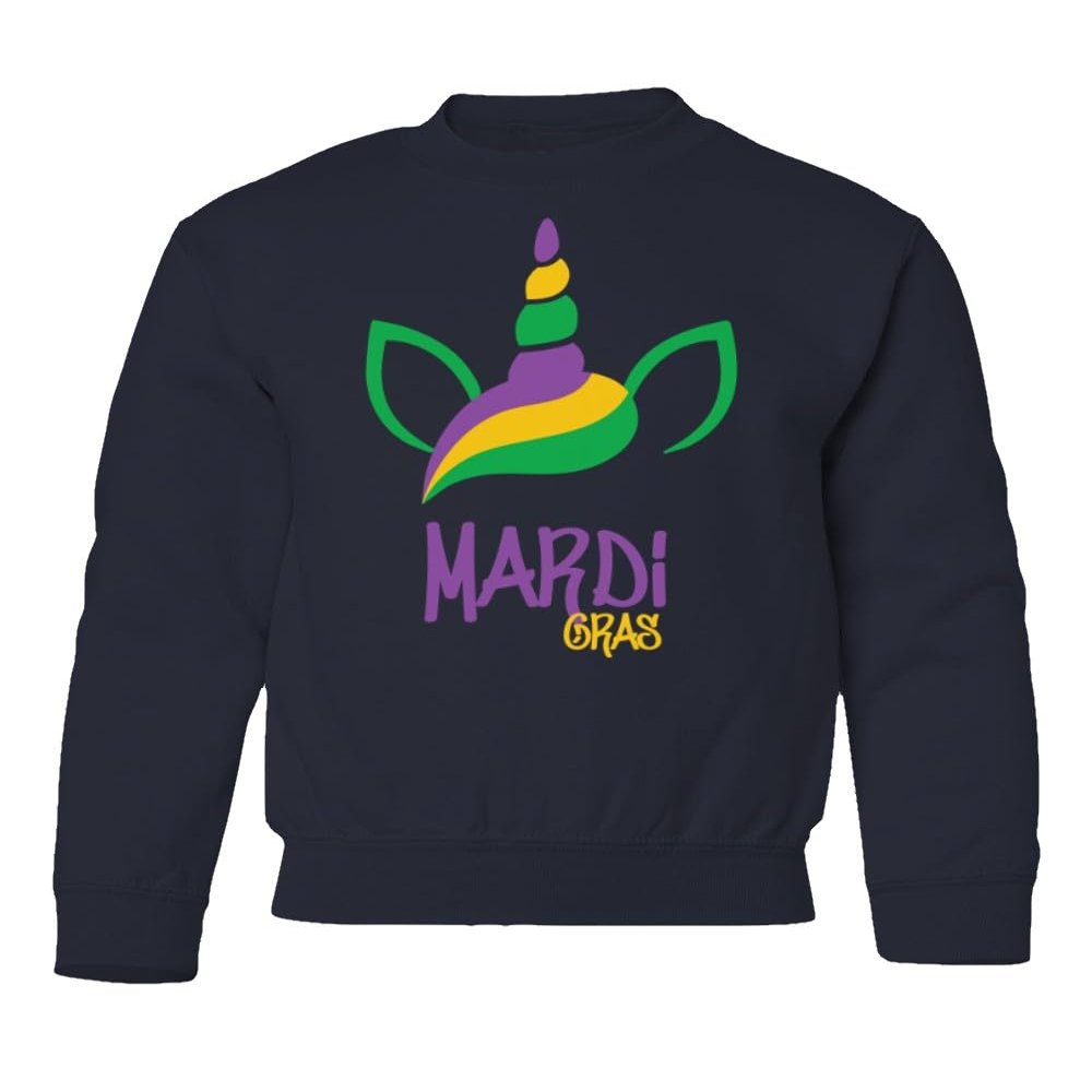 superhotapparel Unicorn Mardi Gras Carnival Cute Street Festival Youth Crewneck Sweatshirt (Navy, Youth Medium)