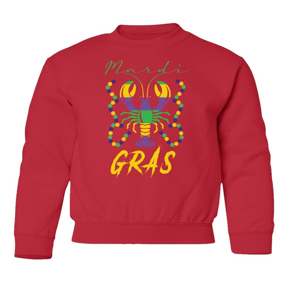 superhotapparel Mardi Gras Crawfish Carnival Beads Street Festival Youth Crewneck Sweatshirt (Red, Youth Medium)