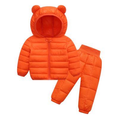 Alvivi 2Pcs Baby Snowsuit Hooded Bear Ears Coat Winter Down Jacket and Elastic Waist Puffer Ski Pants Set Orange 12-18 Months