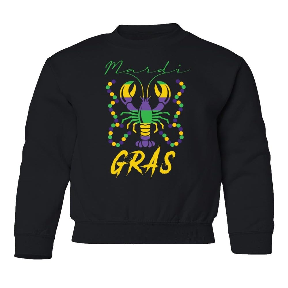 superhotapparel Mardi Gras Crawfish Carnival Beads Street Festival Youth Crewneck Sweatshirt (Black, Youth Medium)