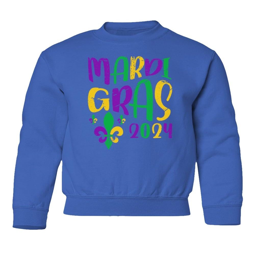 superhotapparel Mardi Gras Street Festival 2024 Carnival Groovy Youth Crewneck Sweatshirt (Royal, Youth Small)
