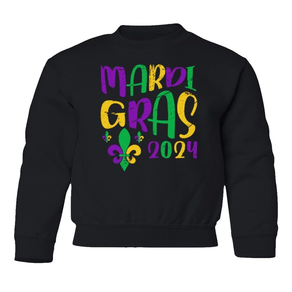 superhotapparel Mardi Gras Street Festival 2024 Carnival Groovy Youth Crewneck Sweatshirt (Black, Youth Small)