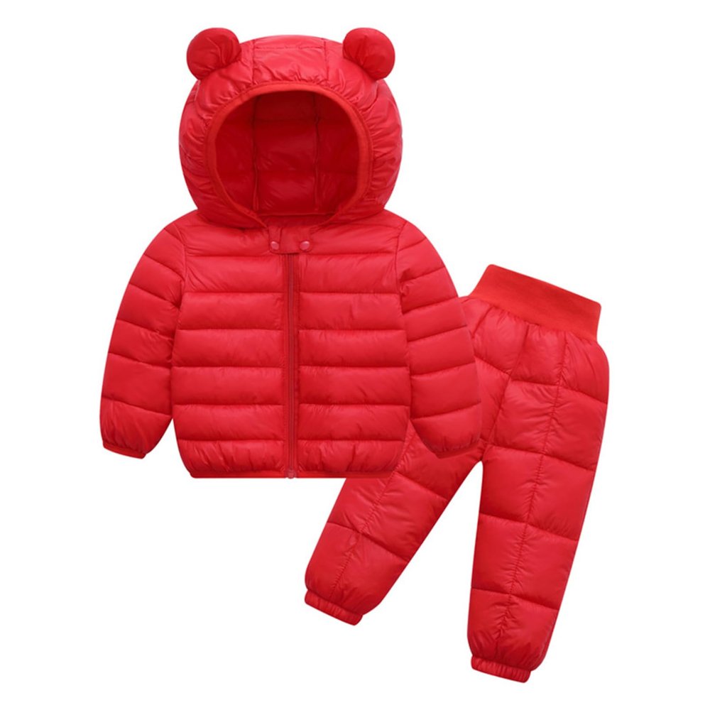 Alvivi 2Pcs Baby Snowsuit Hooded Bear Ears Coat Winter Down Jacket and Elastic Waist Puffer Ski Pants Set Red 3-4 Years