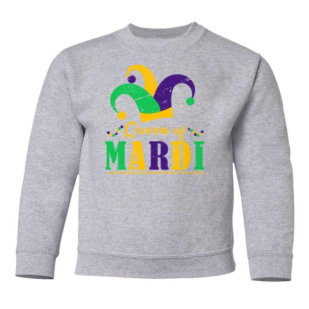 superhotapparel Queen Of Mardi Gras Carnival Fool Hat Street Festival Youth Crewneck Sweatshirt (Ash, Youth Medium)
