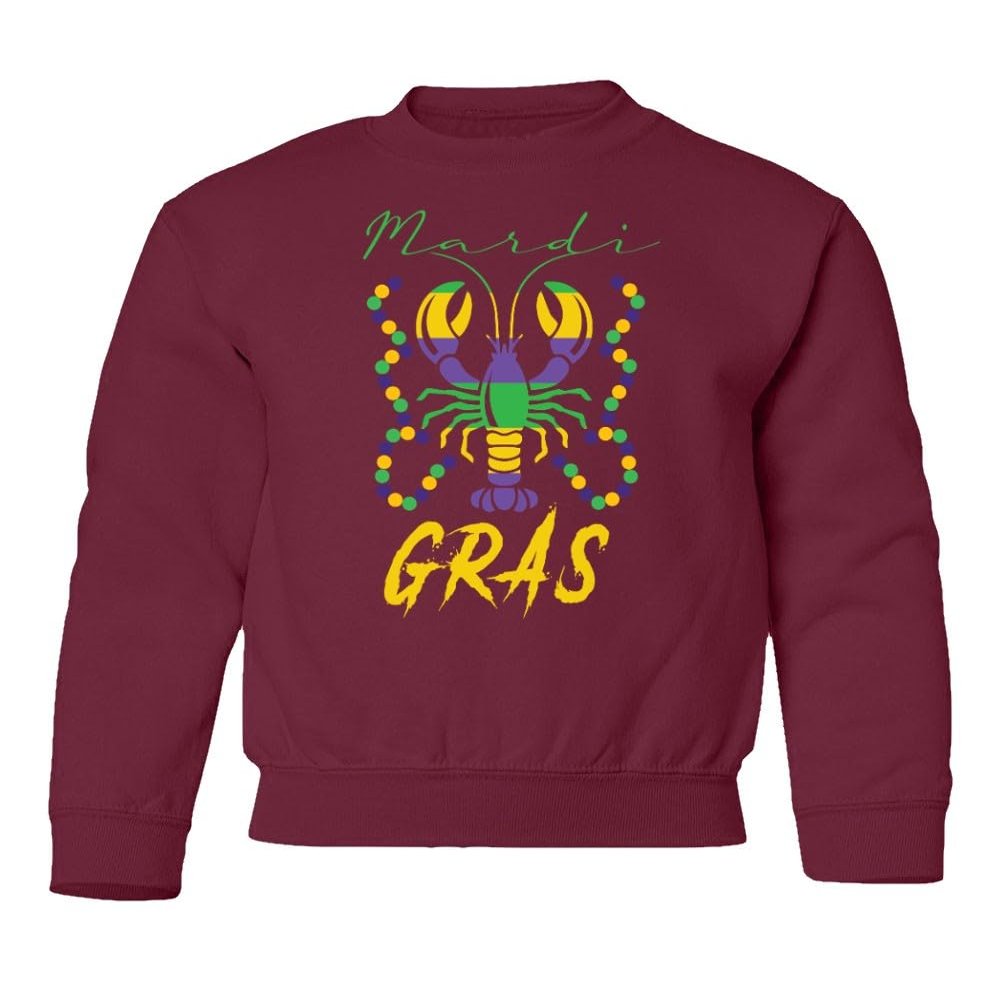superhotapparel Mardi Gras Crawfish Carnival Beads Street Festival Youth Crewneck Sweatshirt (Maroon, Youth Medium)