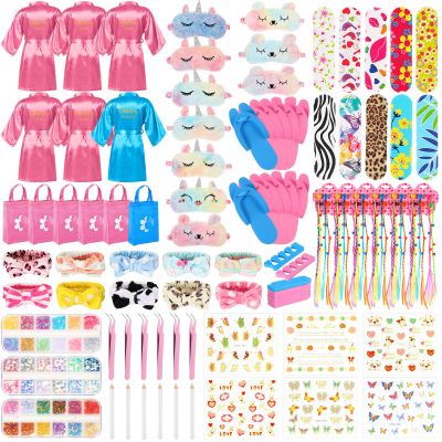 Suhine 6 Sets Girls Spa Birthady Party Supplies Birthday Print Satin Robe Tote Bags Spa Kit Nail Salon Kit(Blue, Pink)