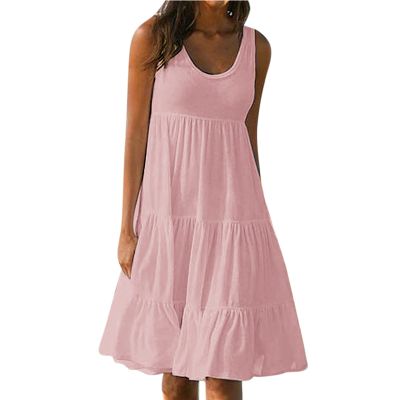 2024 Summer Sundress Women Sleeveless Tiered Ruffle Swing Dresses Solid Beach Tank Dress Holiday Midi Sun Dresses Pink