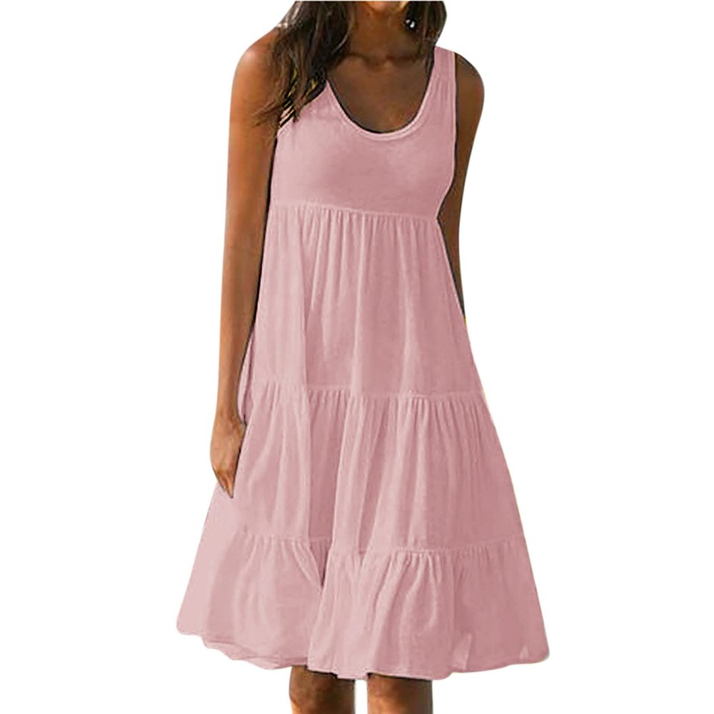 2024 Summer Sundress Women Sleeveless Tiered Ruffle Swing Dresses Solid Beach Tank Dress Holiday Midi Sun Dresses Pink