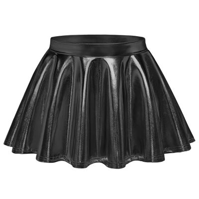 Auranso Girls Metallic Skater Skirt Sparkly Shiny Flared Pleated A-Line Mini Skort Black 5-6T