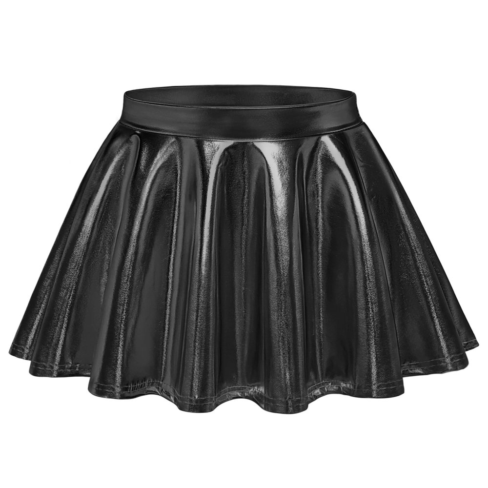 Auranso Girls Metallic Skater Skirt Sparkly Shiny Flared Pleated A-Line Mini Skort Black 5-6T