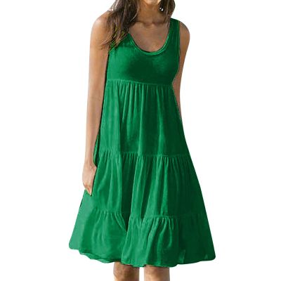 2024 Summer Sundress Women Sleeveless Tiered Ruffle Swing Dresses Solid Beach Tank Dress Holiday Midi Sun Dresses Green