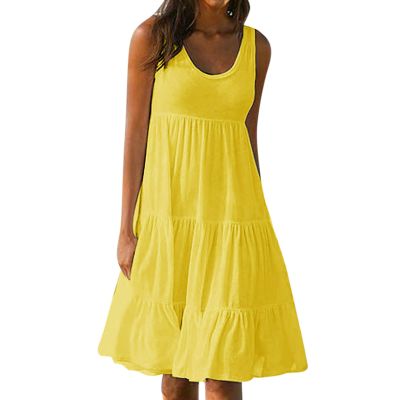 2024 Summer Sundress Women Sleeveless Tiered Ruffle Swing Dresses Solid Beach Tank Dress Holiday Midi Sun Dresses Yellow
