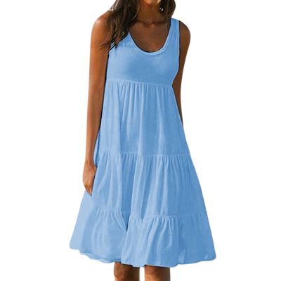 2024 Summer Sundress Women Sleeveless Tiered Ruffle Swing Dresses Solid Beach Tank Dress Holiday Midi Sun Dresses Sky Blue