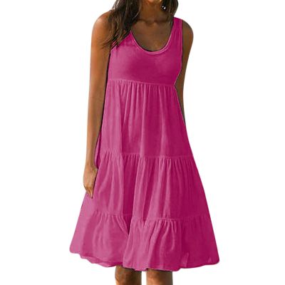 2024 Summer Sundress Women Sleeveless Tiered Ruffle Swing Dresses Solid Beach Tank Dress Holiday Midi Sun Dresses Hot Pink