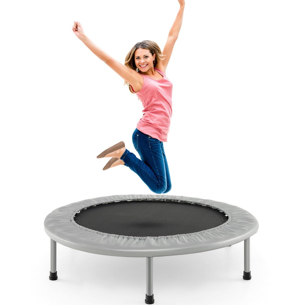 GYMAX Rebounder Trampoline for Adults, Mini Exercise Trampoline with Safety Pad, Foldable Rebounding Fitness Trampoline for Indoor/Outdoor, Small Workout Trampoline for Adults (Grey)