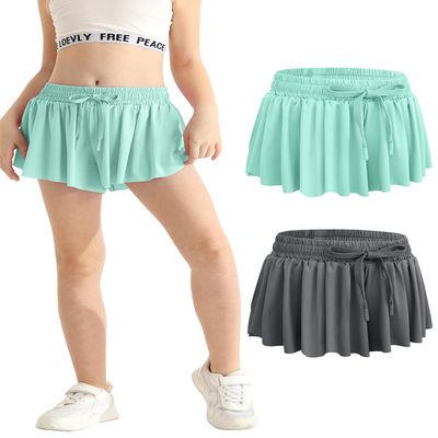 2 Packs Girls Summer Green Grey Flowy Athletic Shorts with Pocket 2 in 1 Kids Skirts Drawstring Closure Butterfly Shorts Girls Size 12