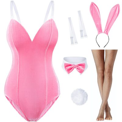 Women Velvet Bunny Costume Bunny Girl Suit Costume Senpai Cosplay One Piece Bodysuit Stockings Set(Pink S)