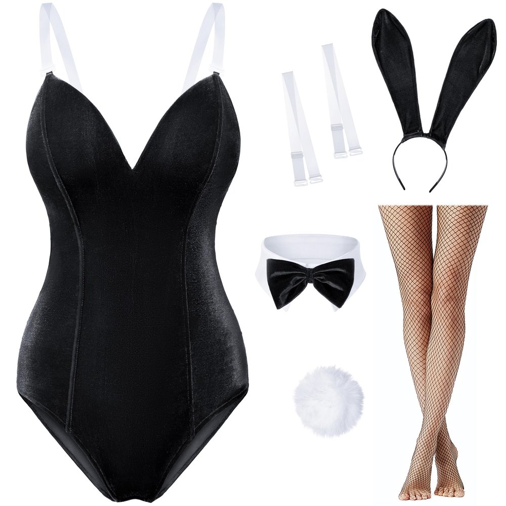 Women Velvet Bunny Costume Bunny Girl Suit Costume Senpai Cosplay One Piece Bodysuit Stockings Set(Black L)