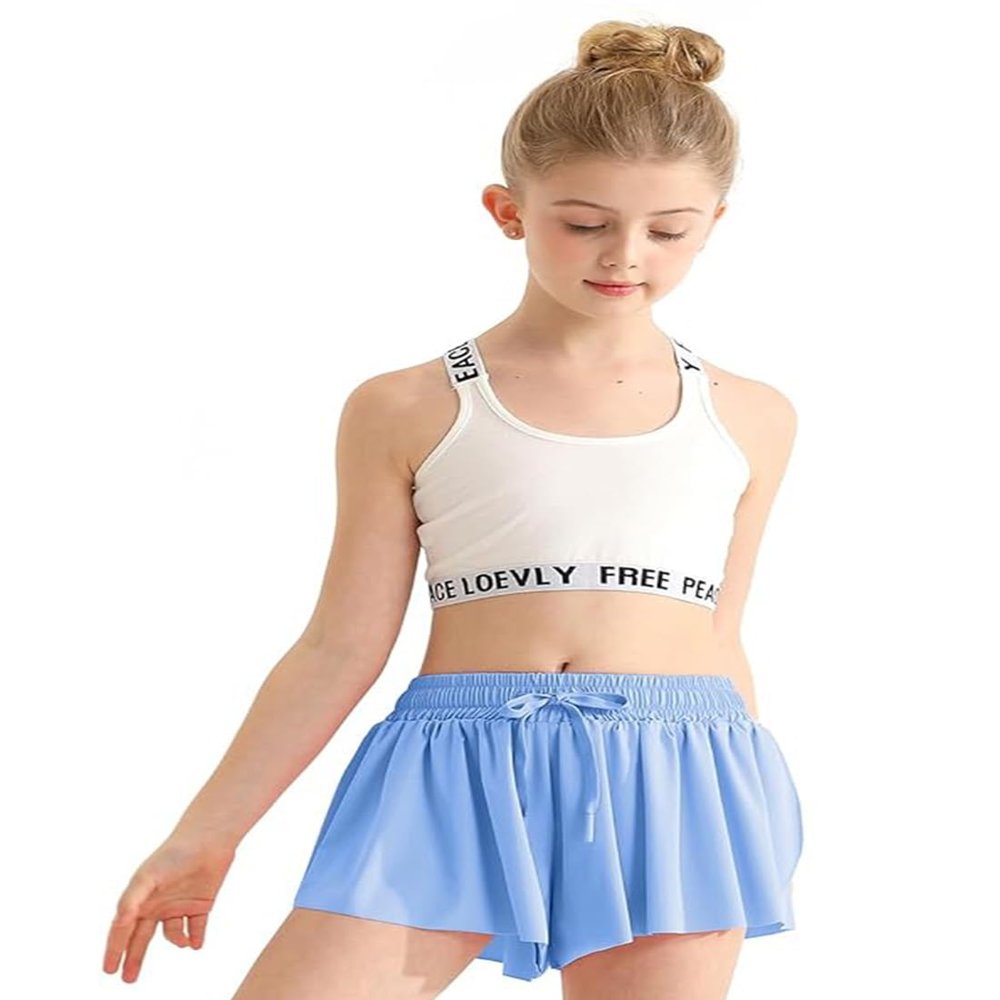 EQSJIU Girls Flowy Butterfly Shorts with Pocket, Sky Blue, 2-in-1 Athletic Running Shorts for Girls, 7-8 Years