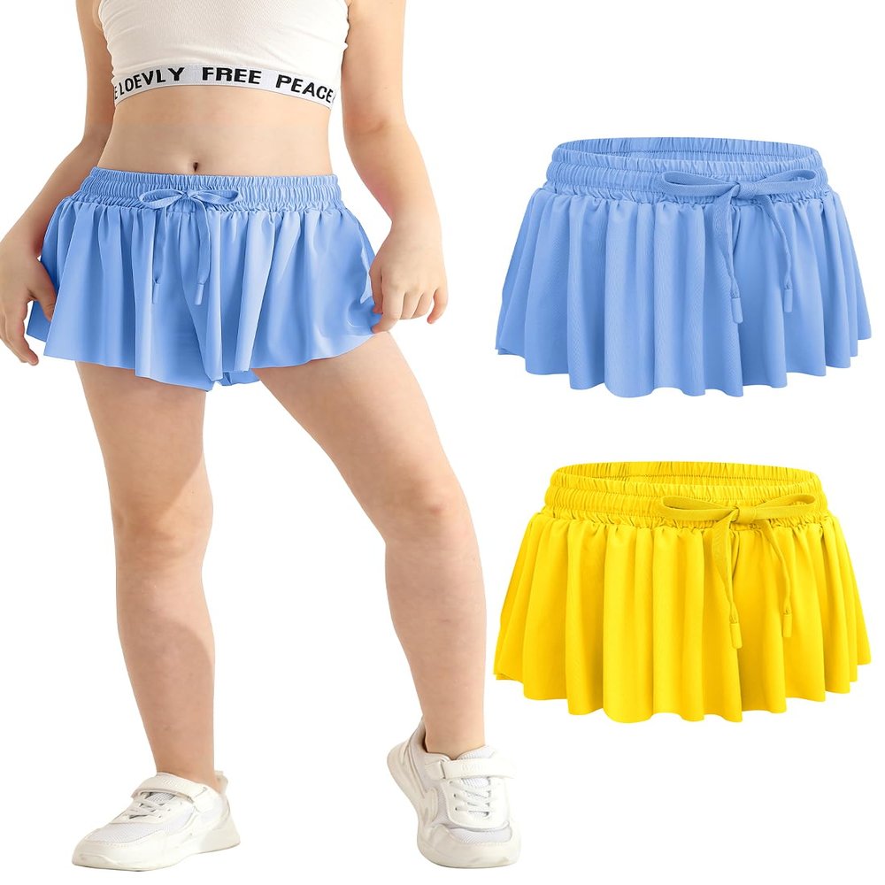 2 Packs Girls Athletic Shorts Yellow Blue Flowy Butterfly Shorts with Pocket & Drawstring 2 in 1 Activewear for Fitness, Cheer, Sports 5t Size 6