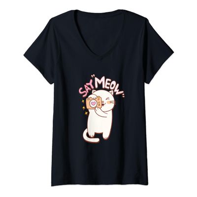 Womens Cute Cat with Camera Saying Meow V-Neck T-Shirt