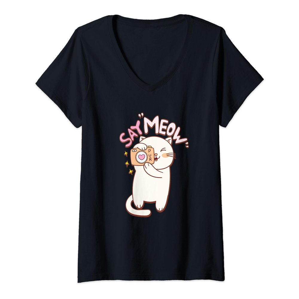 Womens Cute Cat with Camera Saying Meow V-Neck T-Shirt