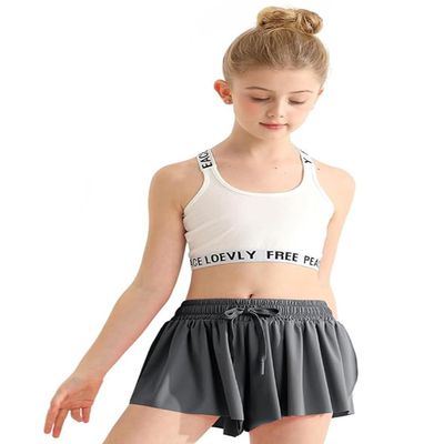 Girls Flowy Shorts, 2 in 1 Preppy Butterfly Grey Shorts with Spandex Liner for Cheer Athletic Gym Kids Casual Clothes 10-11 Years
