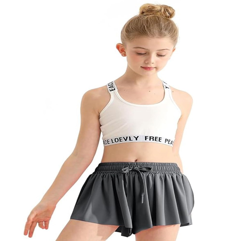 Girls Flowy Shorts, 2 in 1 Preppy Butterfly Grey Shorts with Spandex Liner for Cheer Athletic Gym Kids Casual Clothes 10-11 Years