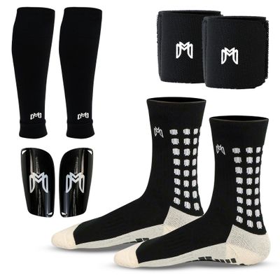 MediCaptain Soccer Grip Socks, Shin Guards, Pre-Cut Sock Sleeves, and Guard Straps Bundle Pack - Essential Equipment for Soccer Players - for Mens, Women with Size 7 to 12 US Men Shoe Size (Black)