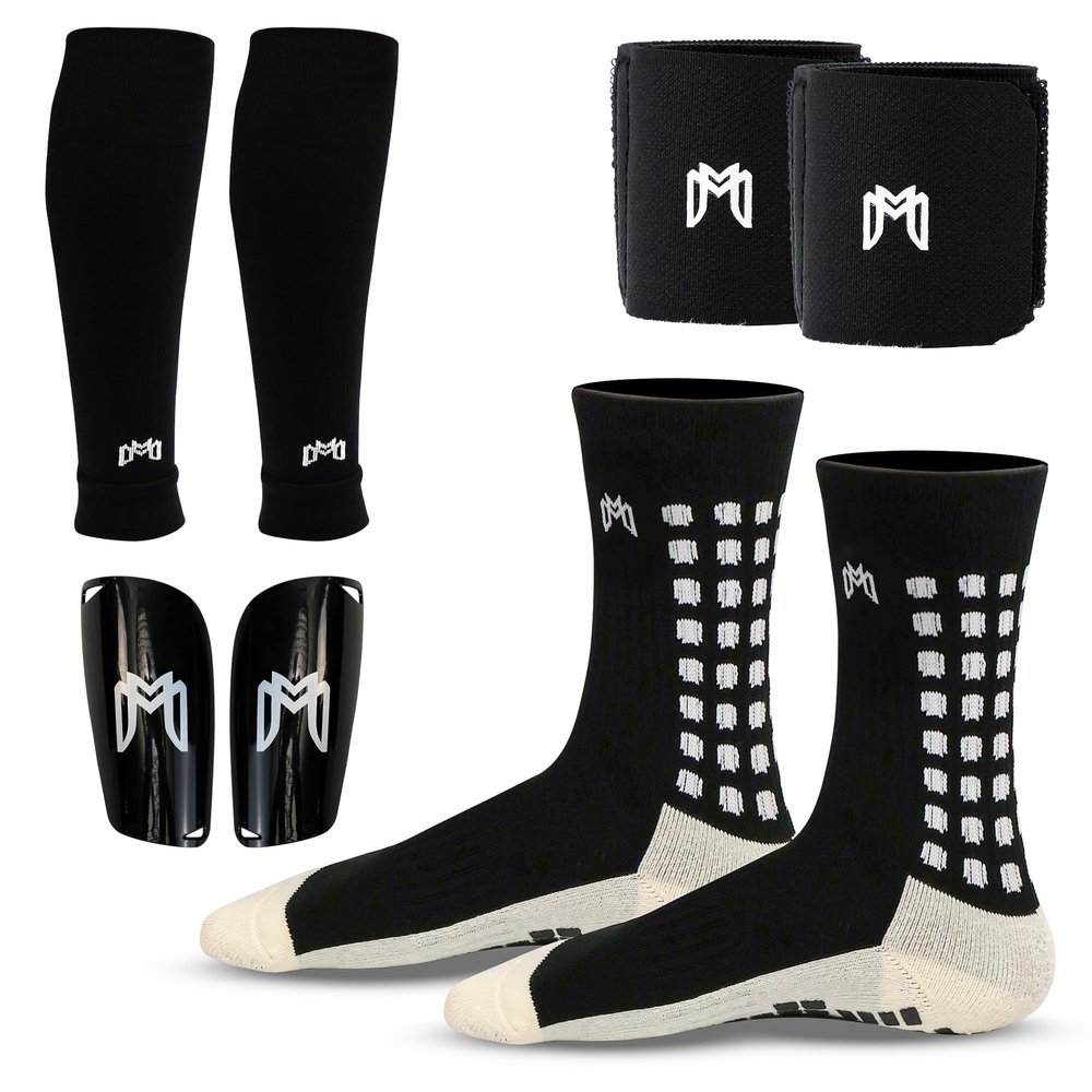 MediCaptain Soccer Grip Socks, Shin Guards, Pre-Cut Sock Sleeves, and Guard Straps Bundle Pack - Essential Equipment for Soccer Players - for Mens, Women with Size 7 to 12 US Men Shoe Size (Black)