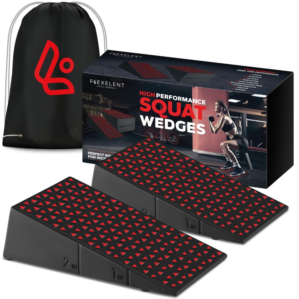 Flexelent Squat Wedge Block Pair - Heel Elevated Squat Wedge for Deeper Squats, Heavy Lifting and Better Form - 17 Angle Exercise Wedges, Slant Board for Squats with Carry Backpack - Blaze Red