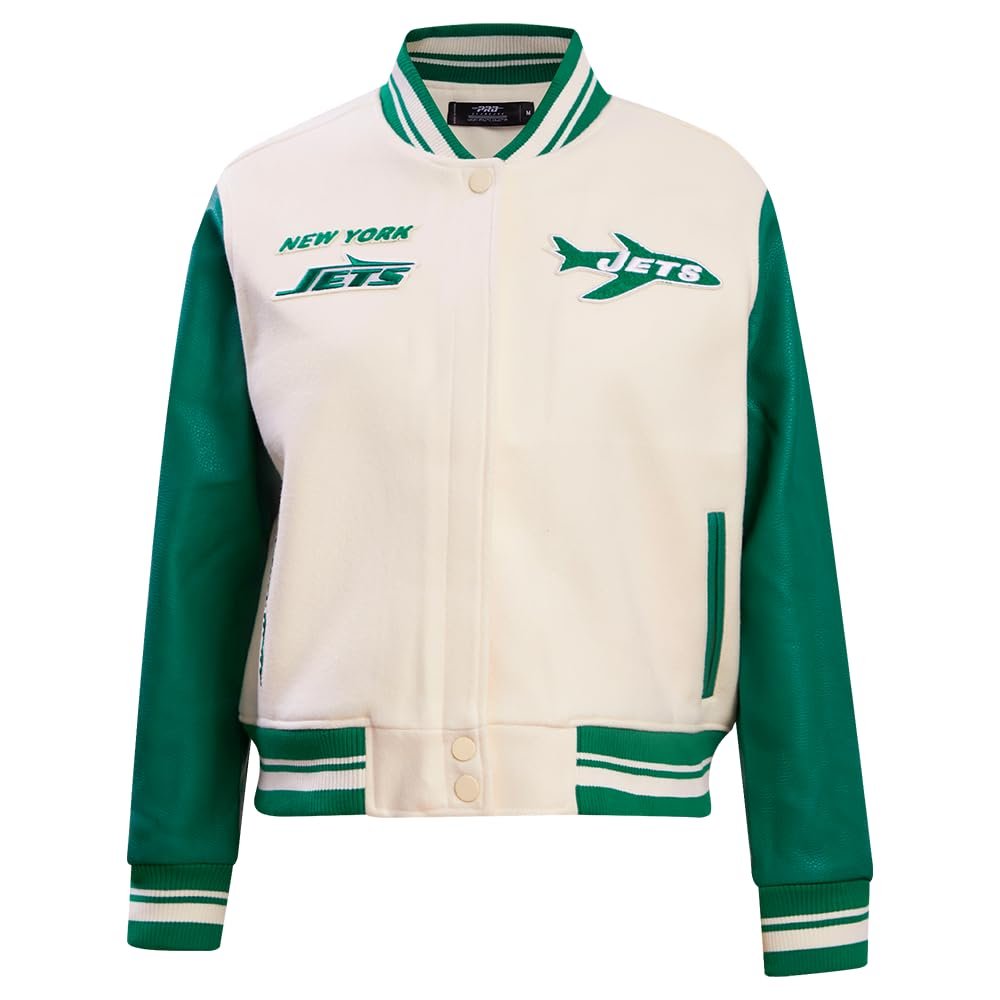 Pro Standard Womens NFL New York Jets Retro Classics Varsity Jacket Eggshell/Kelly Green 2XL