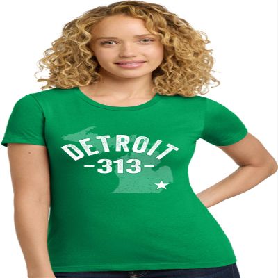 Large Kelly Green Women Detroit Michigan 313 Area Code Deluxe Soft T-Shirt