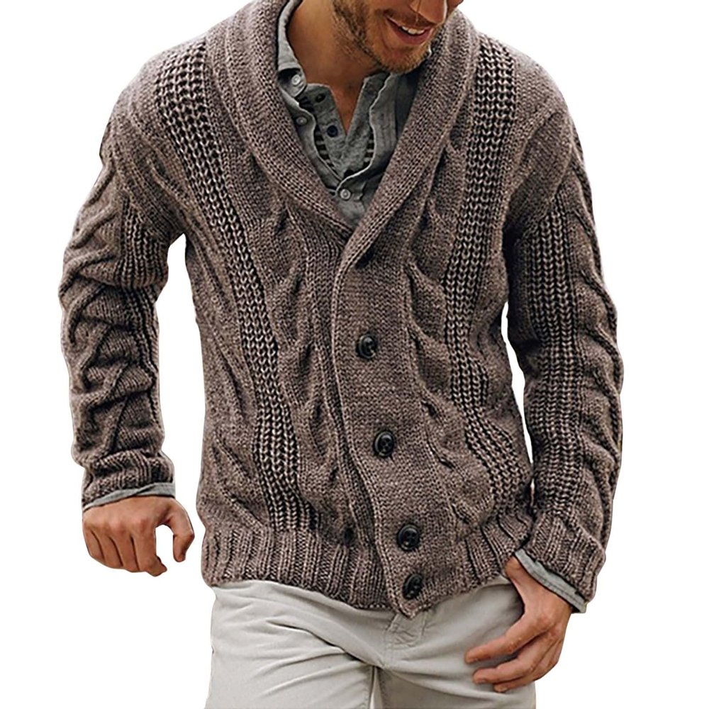 ZYXTIM Mens Shawl Cardigan Sweaters Cable Knitted Loose Fit Chunky Warm Sweater with Buttons Brown