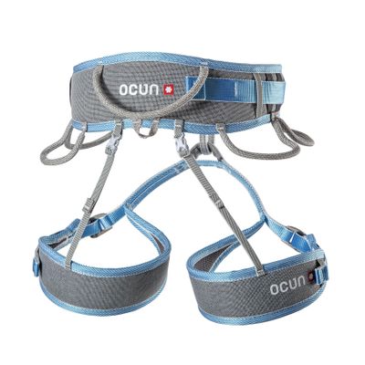 Ocun Twist Tech Eco Climbing Sport Harness, Lightweight Three Buckle Harness for Trad, Alpine & Rock Climbing, Grey/Blue, XS-M
