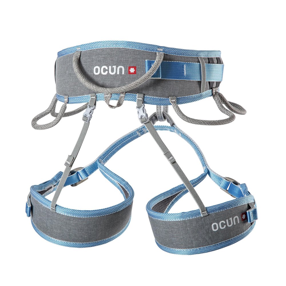 Ocun Twist Tech Eco Climbing Sport Harness, Lightweight Three Buckle Harness for Trad, Alpine & Rock Climbing, Grey/Blue, XS-M
