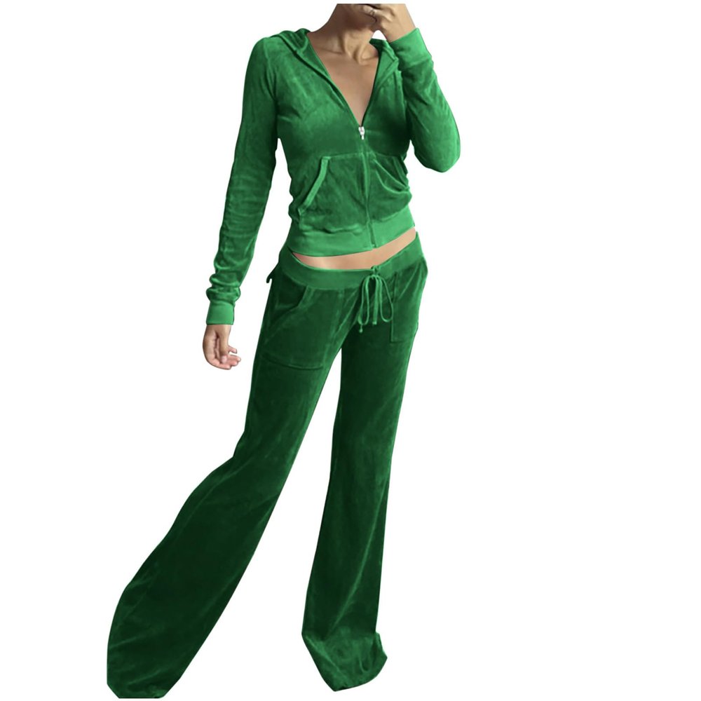 Womens Two Piece Velvet Sets Hooded Jackets Fashion Long Sleeve Crop Top Sweatsuits Jogger Pants Workout Sets Tracksuit