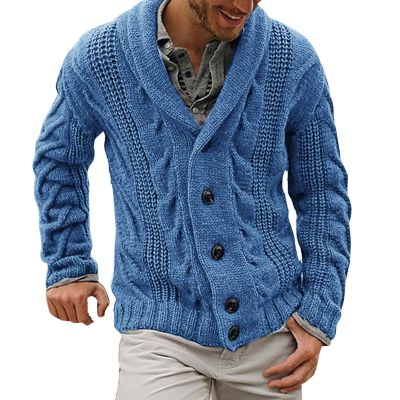 ZYXTIM Mens Shawl Cardigan Sweaters Cable Knitted Loose Fit Chunky Warm Sweater with Buttons Blue