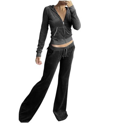 Womens Two Piece Velvet Sets Hooded Jackets Fashion Long Sleeve Crop Top Sweatsuits Jogger Pants Workout Sets Tracksuit
