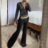 Womens Two Piece Velvet Sets Hooded Jackets Fashion Long Sleeve Crop Top Sweatsuits Jogger Pants Workout Sets Tracksuit view 2